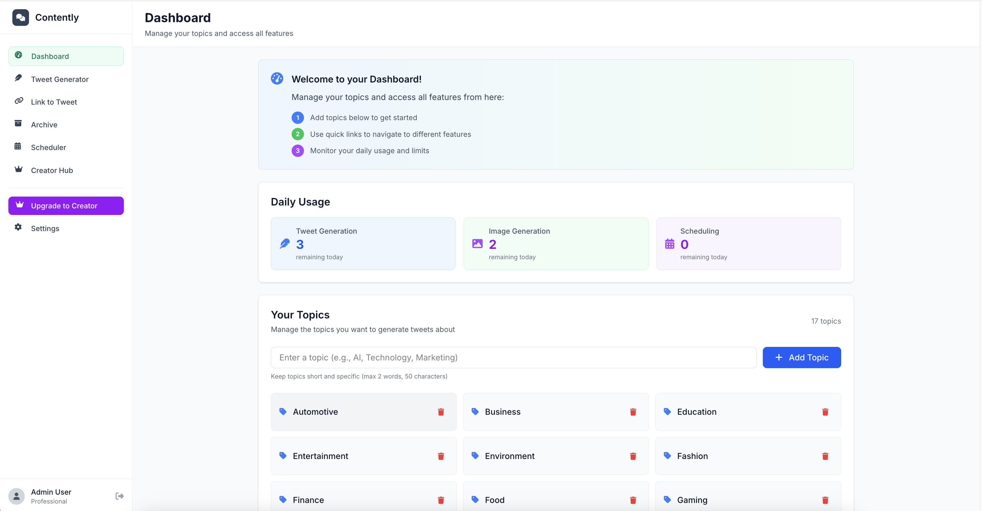Markix Dashboard - AI-powered social media content generation with topic management and usage monitoring